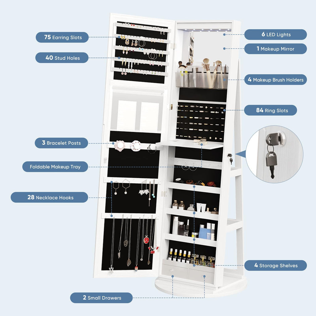 360° Swivel Jewelry Cabinet with Light, Lockable Full Length Mirror