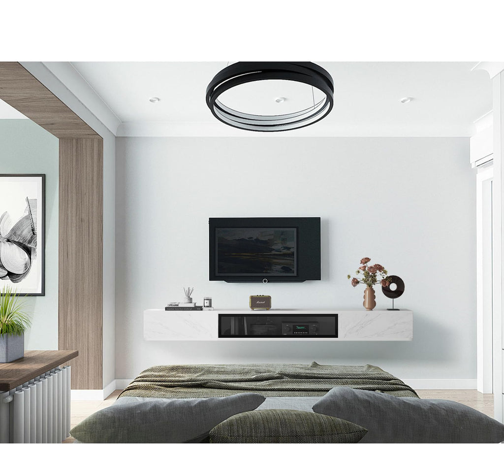 78'' Floating with Glass Door, TV Top Shelf, White