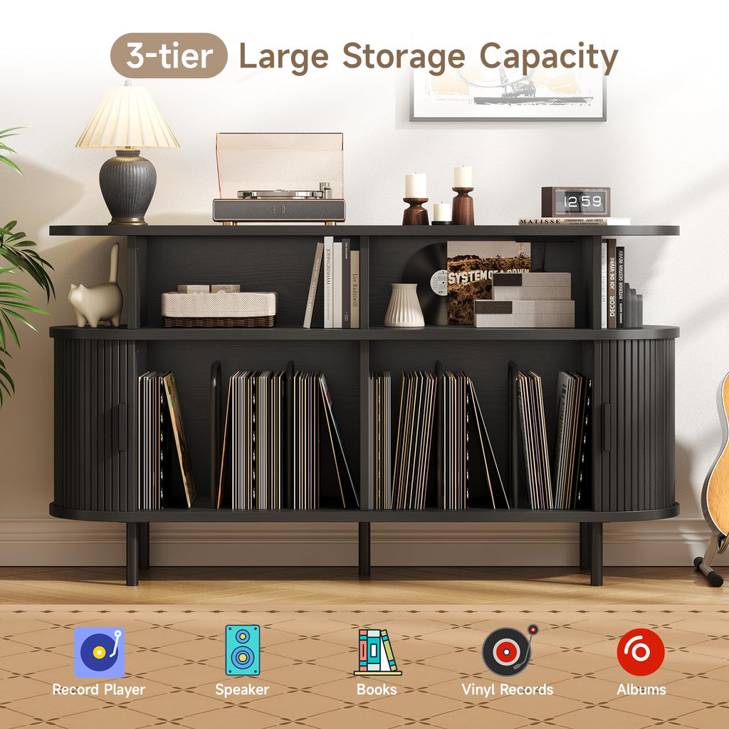 55" Large Round Record Player Stand with Charging Station, Black