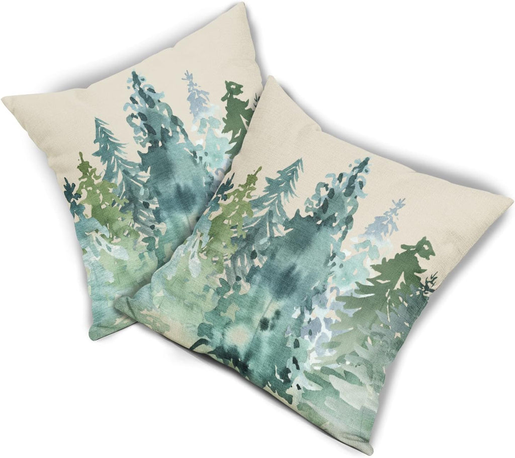 Winter Christmas Tree Pillow Covers 18x18 Blue Green Nature Forest Rustic Watercolor Style Print Decorative - Set of 2