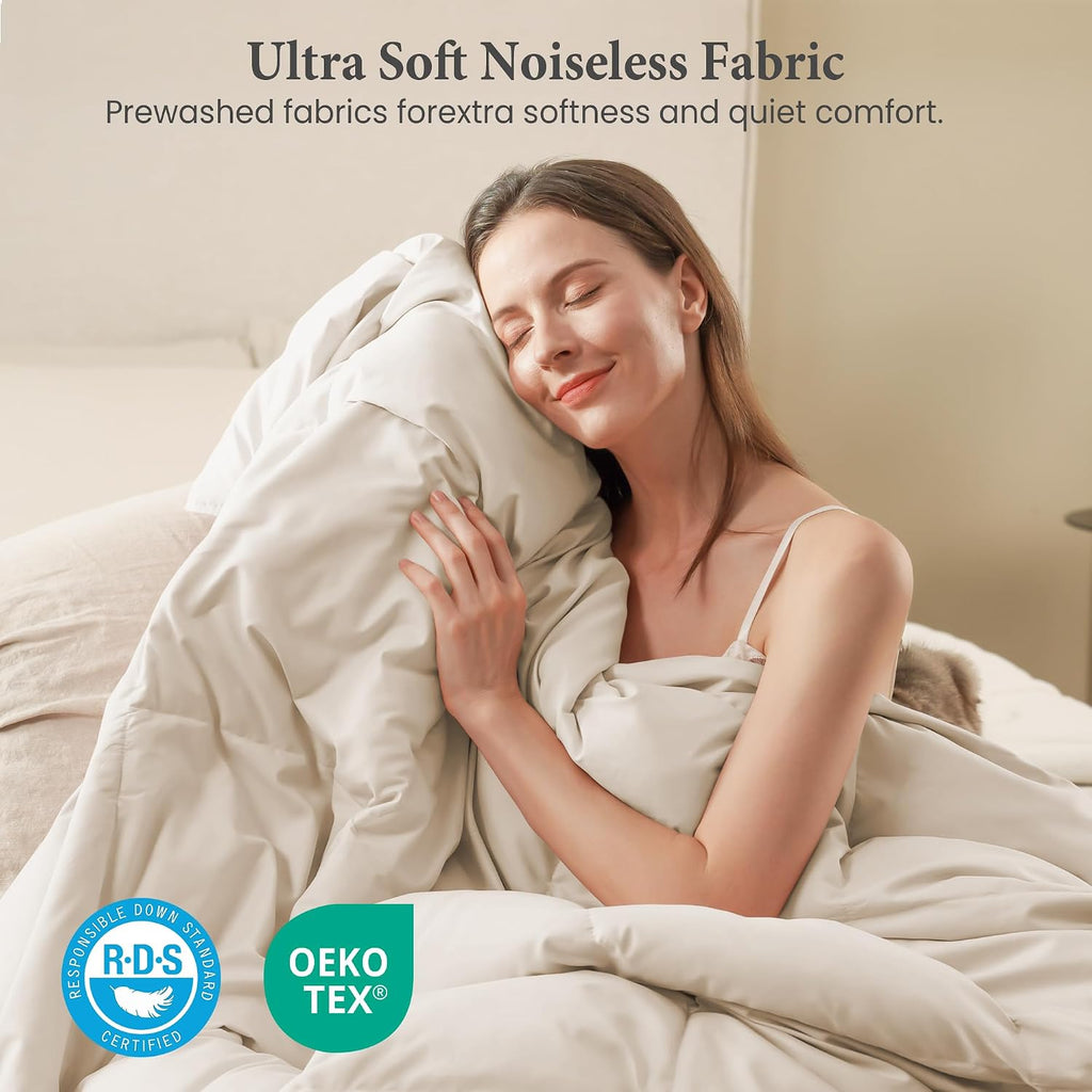 Twin Down Comforter - All Season Ultra Soft Goose Down & Feather Fiber Fill, Luxury Hotel Cream Duvet Insert with