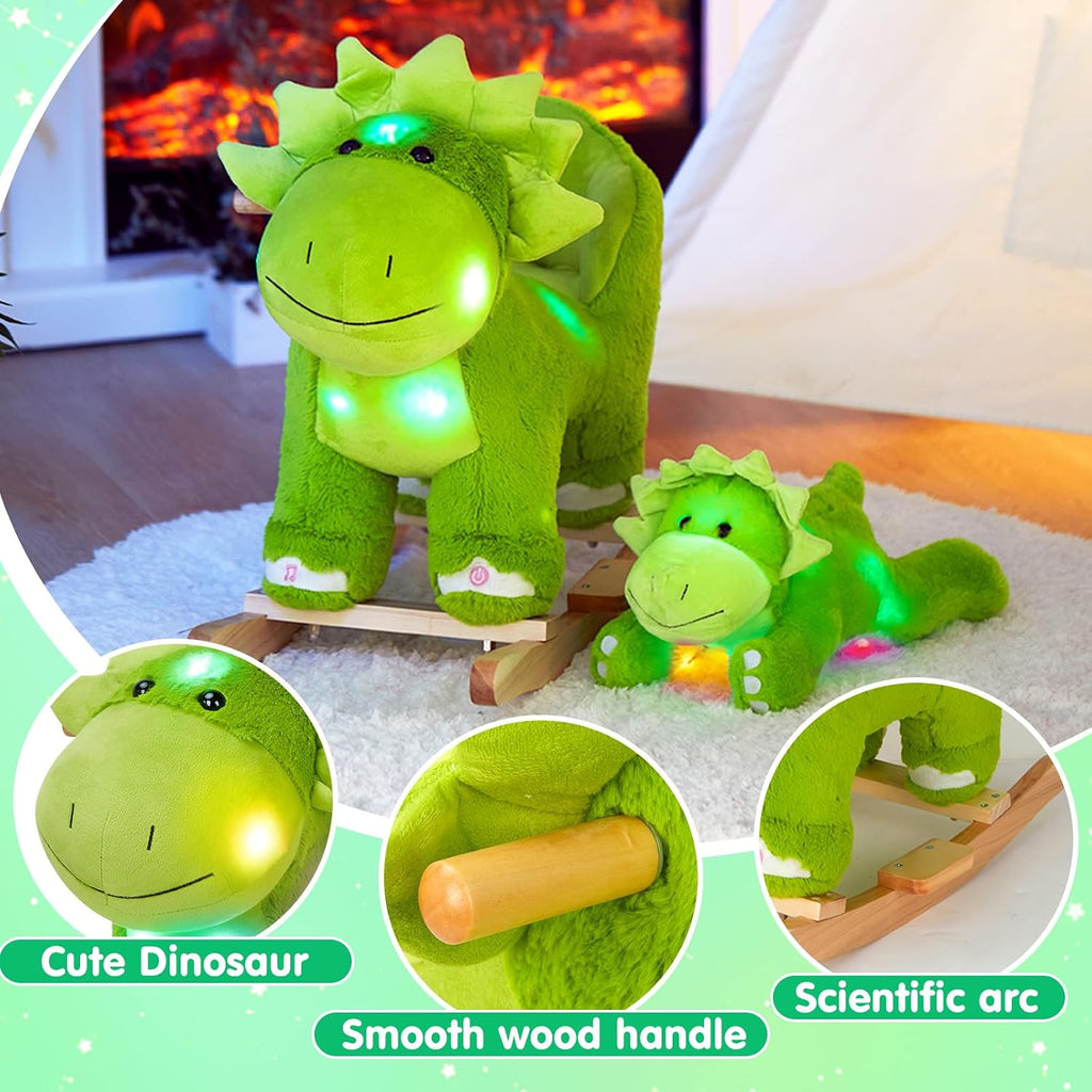 Light up Music Dinosaur Rocking Horse Stuffed Animal Set of 2 with Glowing Singing Dinosaur Plush Toy Wooden Chair
