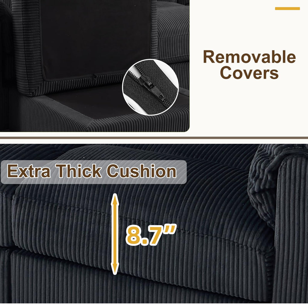 115" Modular Sectional Sofa Couch with Movable Ottoman, Oversized Corduroy U Shaped Sectional Couches with Rolled