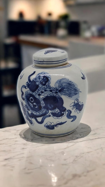 Blue and White Lion Dance Porcelain Ginger Jar with Lid (LJ2)