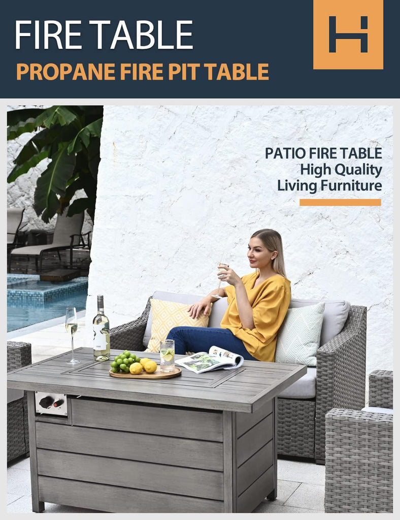 Propane Fire Pit Table, HAPPATIO 48inch 50000 BTU Gas Fire Pit with Aluminum Slats Table Top, Lid, Black Glass Rock