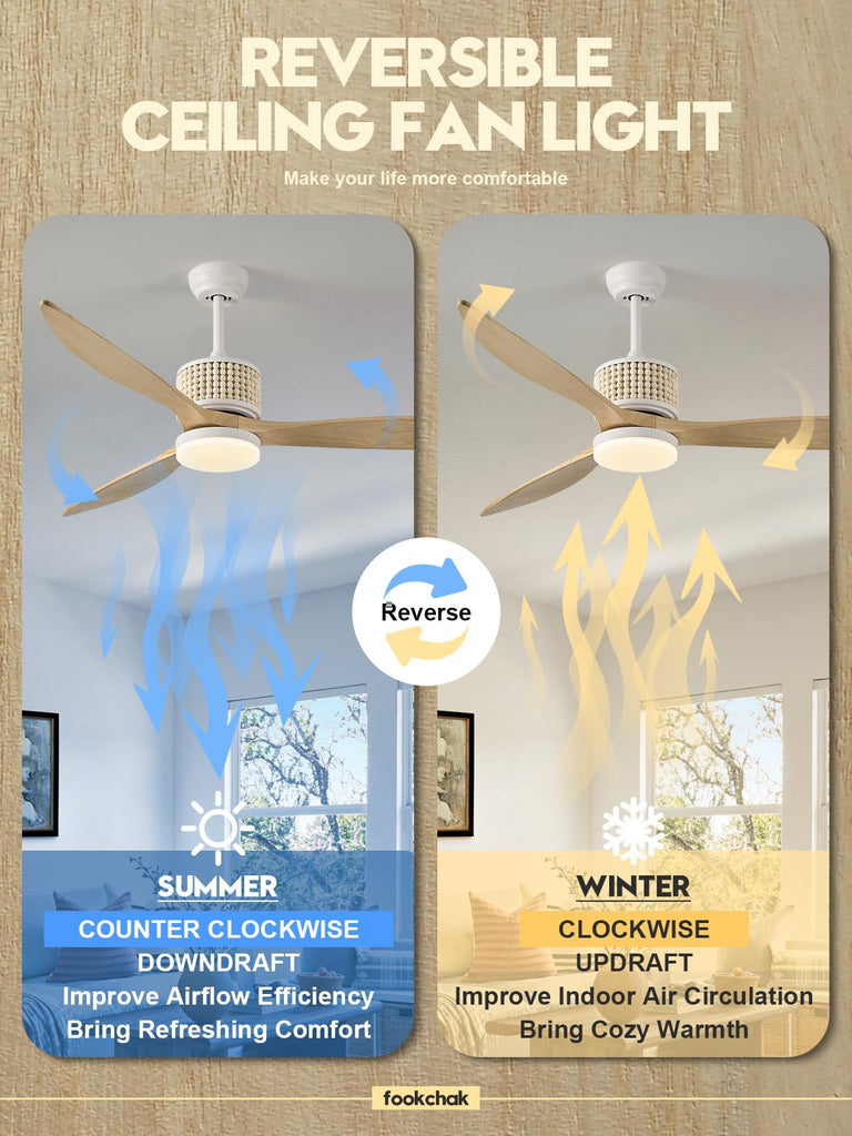 60in Boho White Ceiling Fan Lights with Remote Control 3 Blade Wood Bead Ceiling Fans with Light Coastal Natural Wood