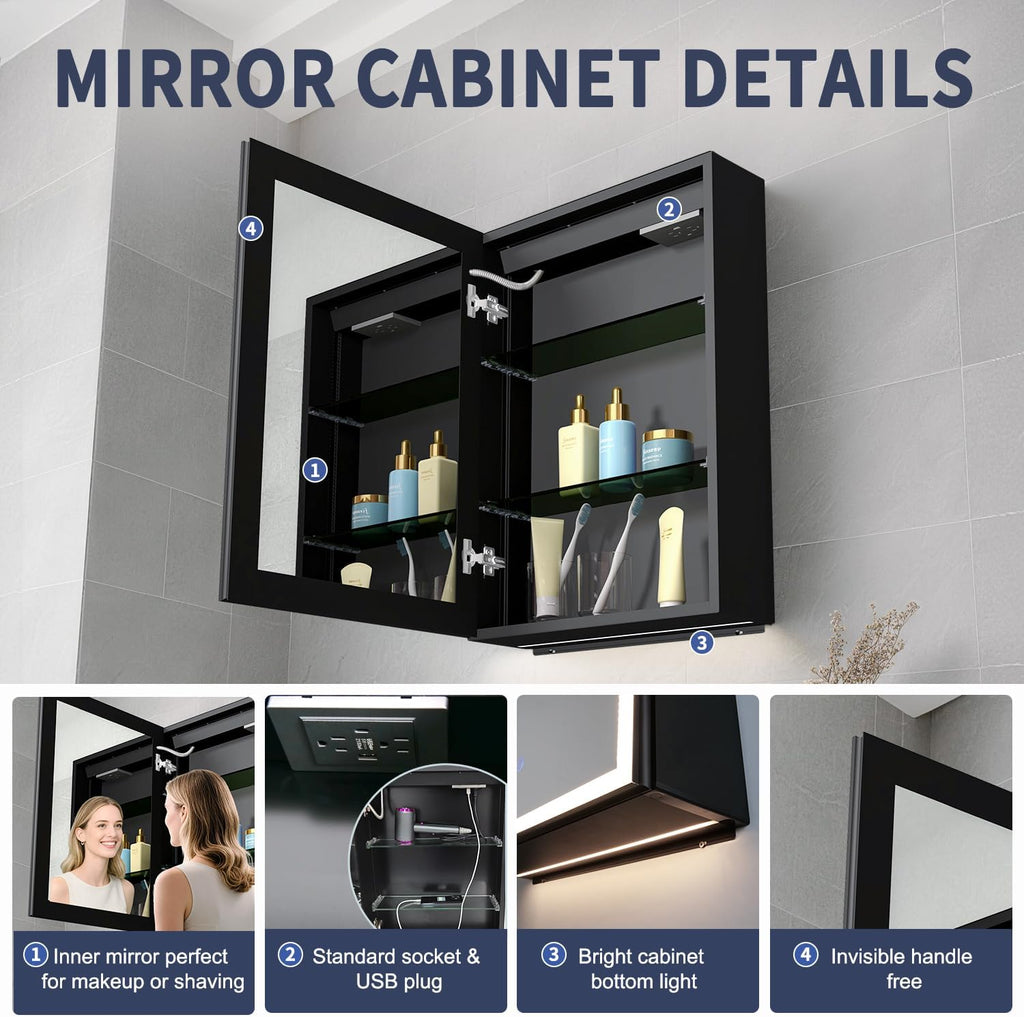 20 x 28 inch LED Bathroom Lighted Medicine Cabinet with Mirror | Anti-Fog, Dimmable 3 Colors Front & Bottom Light