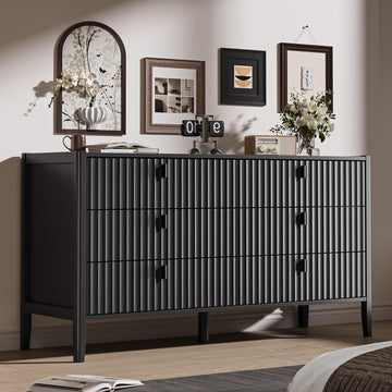 Black 6 Drawer Dresser, Modern Wood Dresser, Fluted Design Double Chest of Drawers with Wood Legs, TV Stand Storage