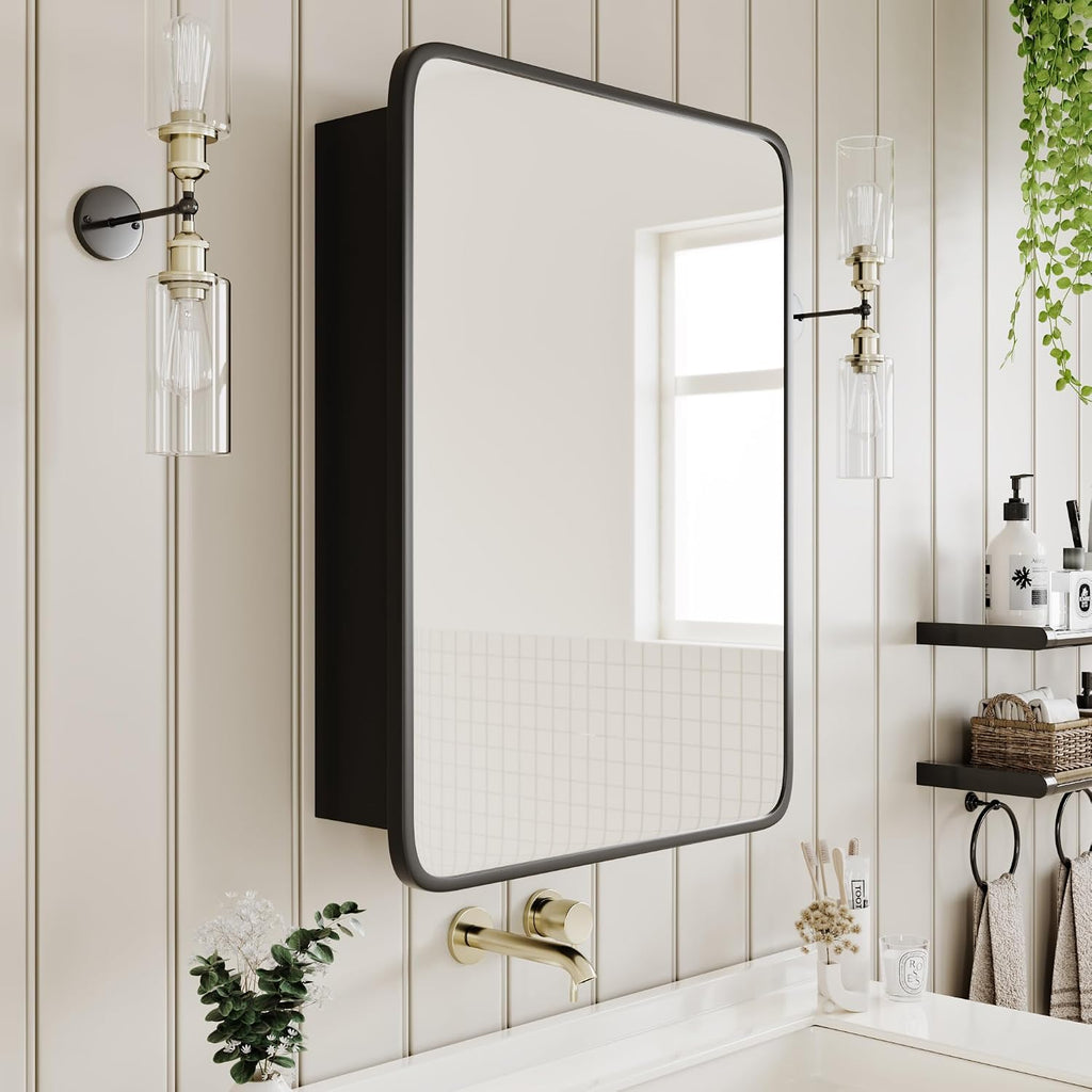 Medicine Cabinet with Black Metal Frame Mirror, Overall 16.5"x24" | Bathroom Wood Wall Cabinet with Mirror