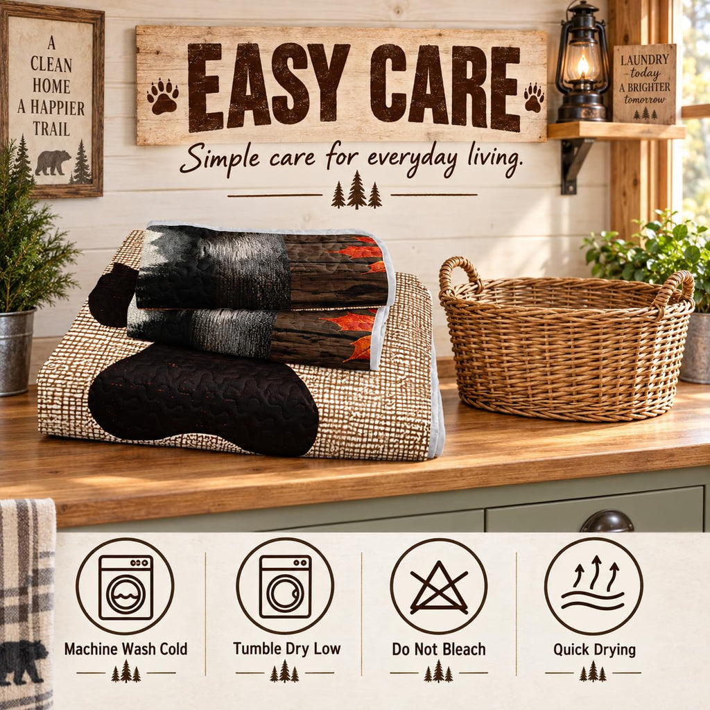 Rustic Bear Quilt Set, Western Bedspread Bedspread Coverlet with 2 Pillowcases, 3-Piece Bear Walk Cabin Plaid