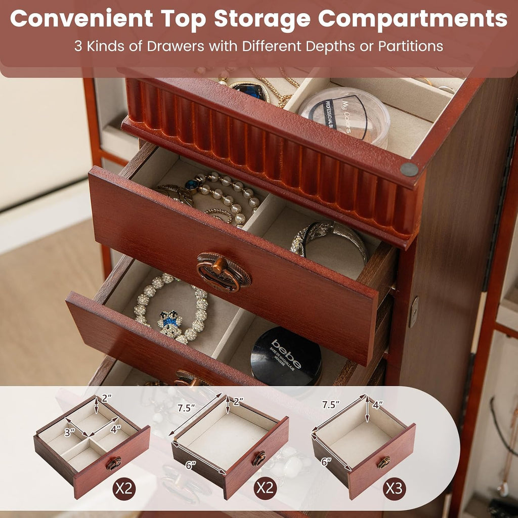 Jewelry Armoire, Wooden Jewelry Chest Storage Cabinet w/7 Drawers & 2 Swing Doors, 12 Necklace Hooks, Makeup Mirror &
