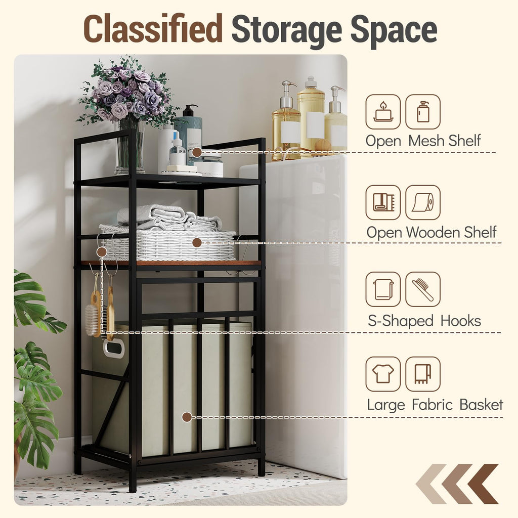 Tilt out Laundry Hamper, Space Saving Bathroom Storage Cabinet with Removable Basket, 2 Open Shelves & 4 Side Hooks