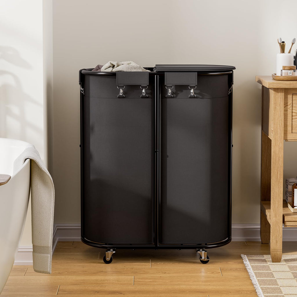 200L Double Laundry Hamper with Lid & Wheels, Oval Rolling Laundry Basket