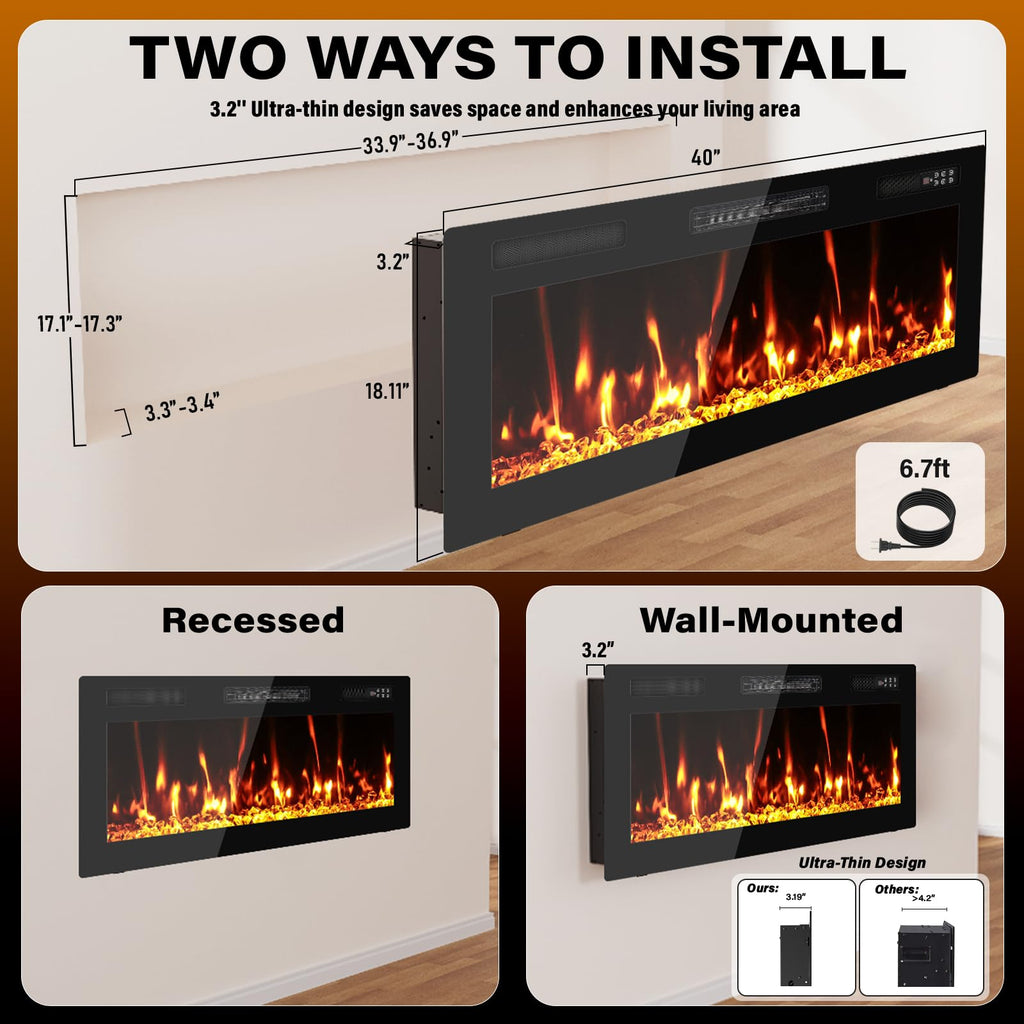 40" Electric Fireplace Recessed Wall Mounted, Ultra Thin Linear Fireplace Inserts, 12 Flame Colors, Timer, Remote &