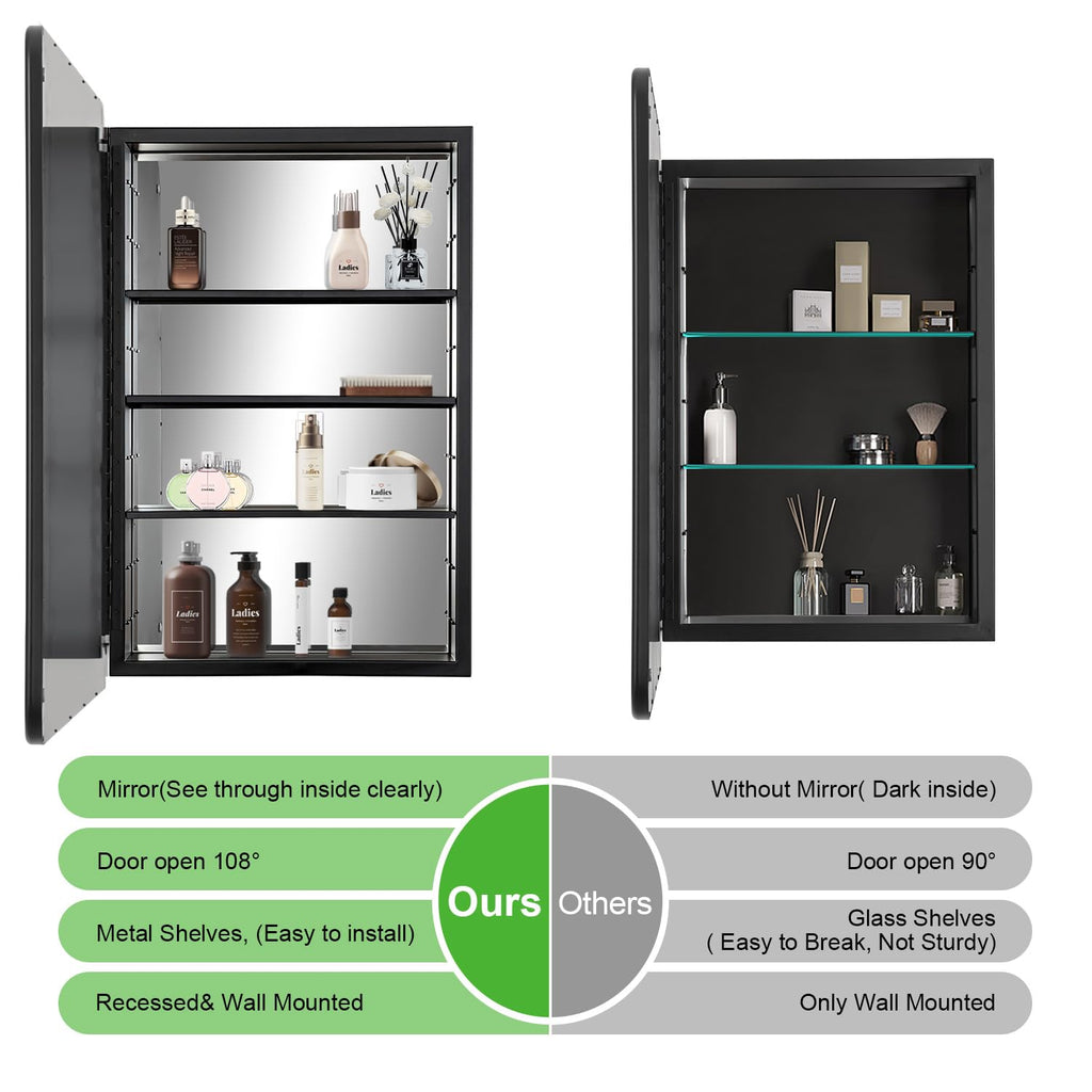 Black Bathroom Medicine Cabinet with Mirror 21 x 34 Metal Frame Recessed Or Wall Mounted Single Door Storage Medicine