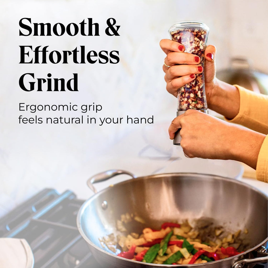 Salt & Pepper Grinder Set with Stand - Stainless Steel Manual Mills & Holder with Adjustable Coarseness, Refillable - Set of 2