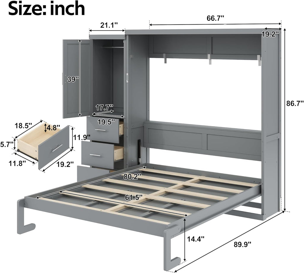 Queen Murphy Bed with Storage Wardrobe and Drawers,Solid Wood Farmhouse Murphy Wall Bed Cabinet with Drawers for