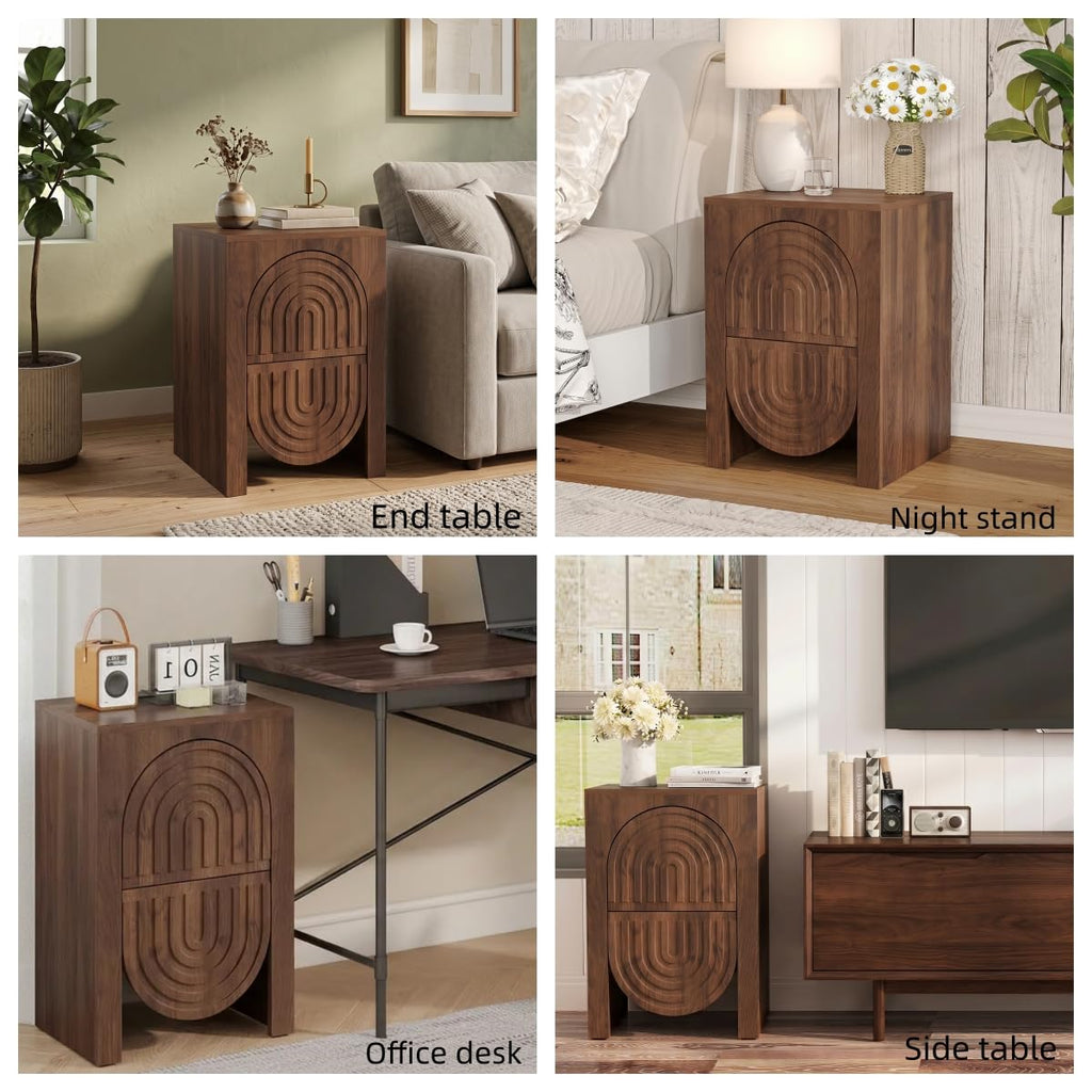 Fluted Nightstands Set of 2 Mid Century Modern End Table with 2 Drawers 15.7" Wide Walnut Bedside Table Wooden Side