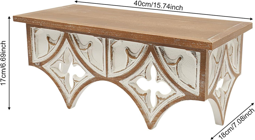 Retro Wall Shelf with Hollow Carving Patterns, Wood Floating Shelf Decorative Wall Mounted Shelf Vintage Hanging