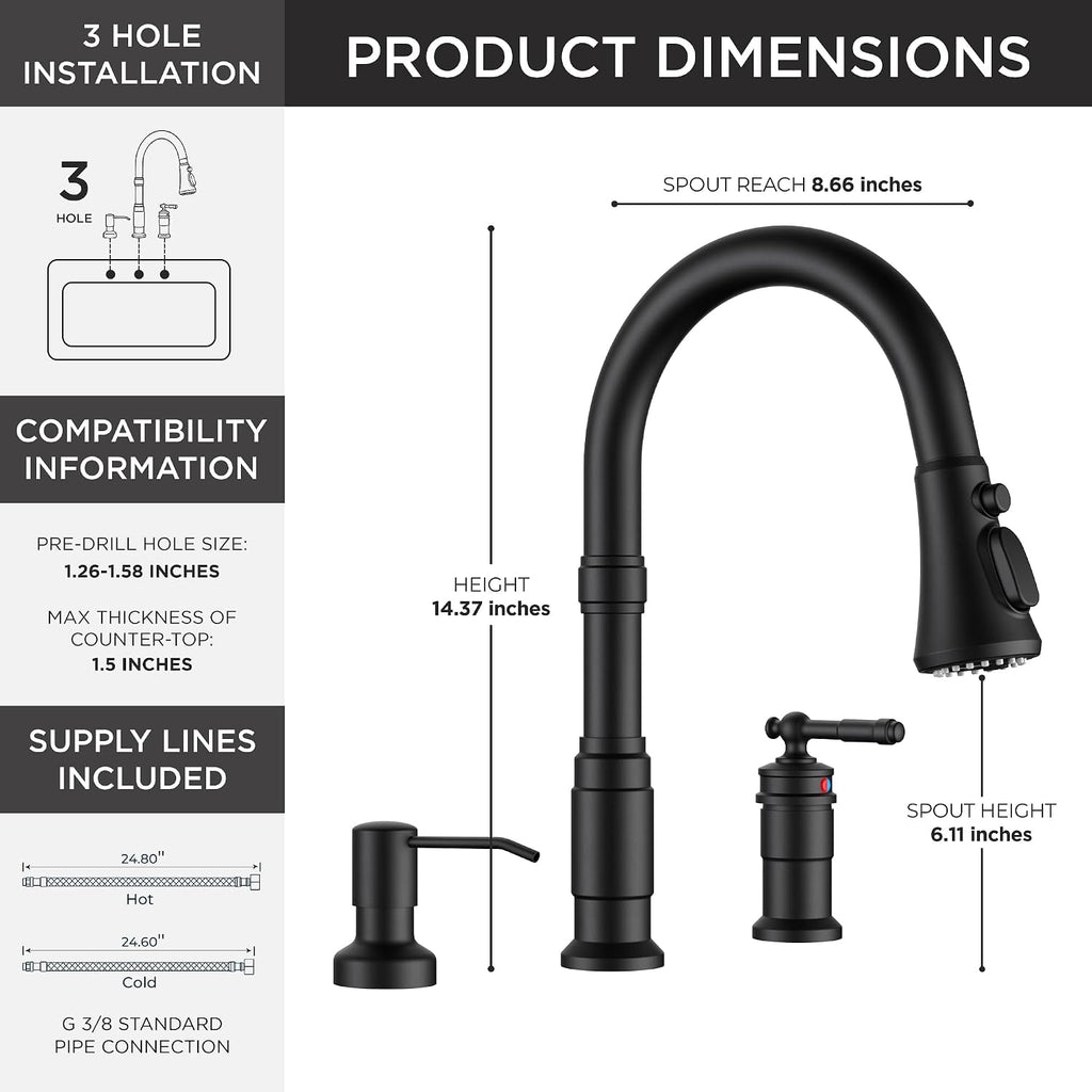 3 Hole Kitchen Faucet with Soap Dispenser, Matte Black | Stainless Steel Single Handle Rusitc Kitchen Sink Faucet