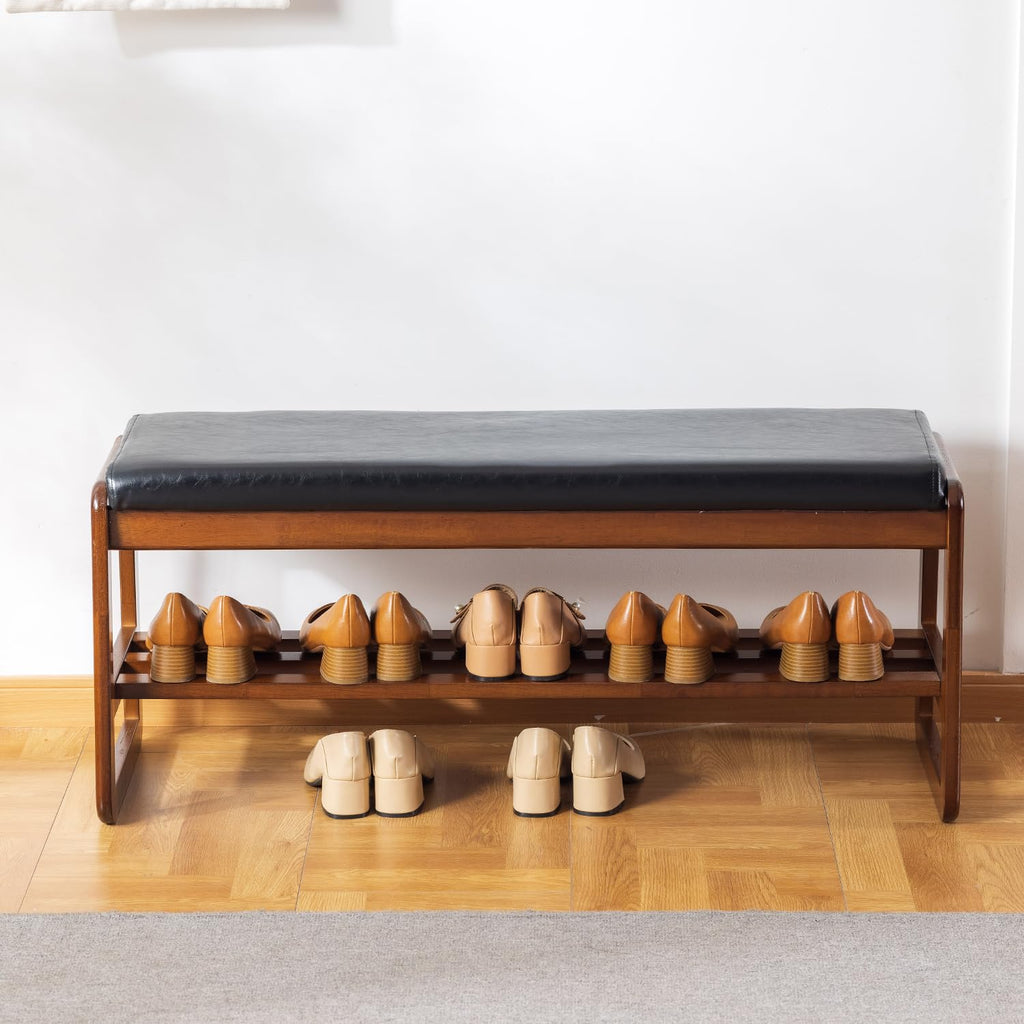 Solid Wood Bench, Entryway Shoe Bench with Cushion, 2 Tier Shoe Storage Organizer (Black, 39.70''L)