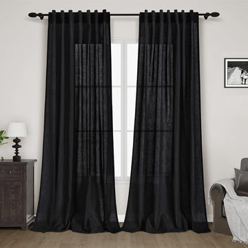 Balck Sheer Linen Curtains 94 inch Length Back Tab Rod Pocket Modern Farmhouse Muslin Look Cotton Textured Black