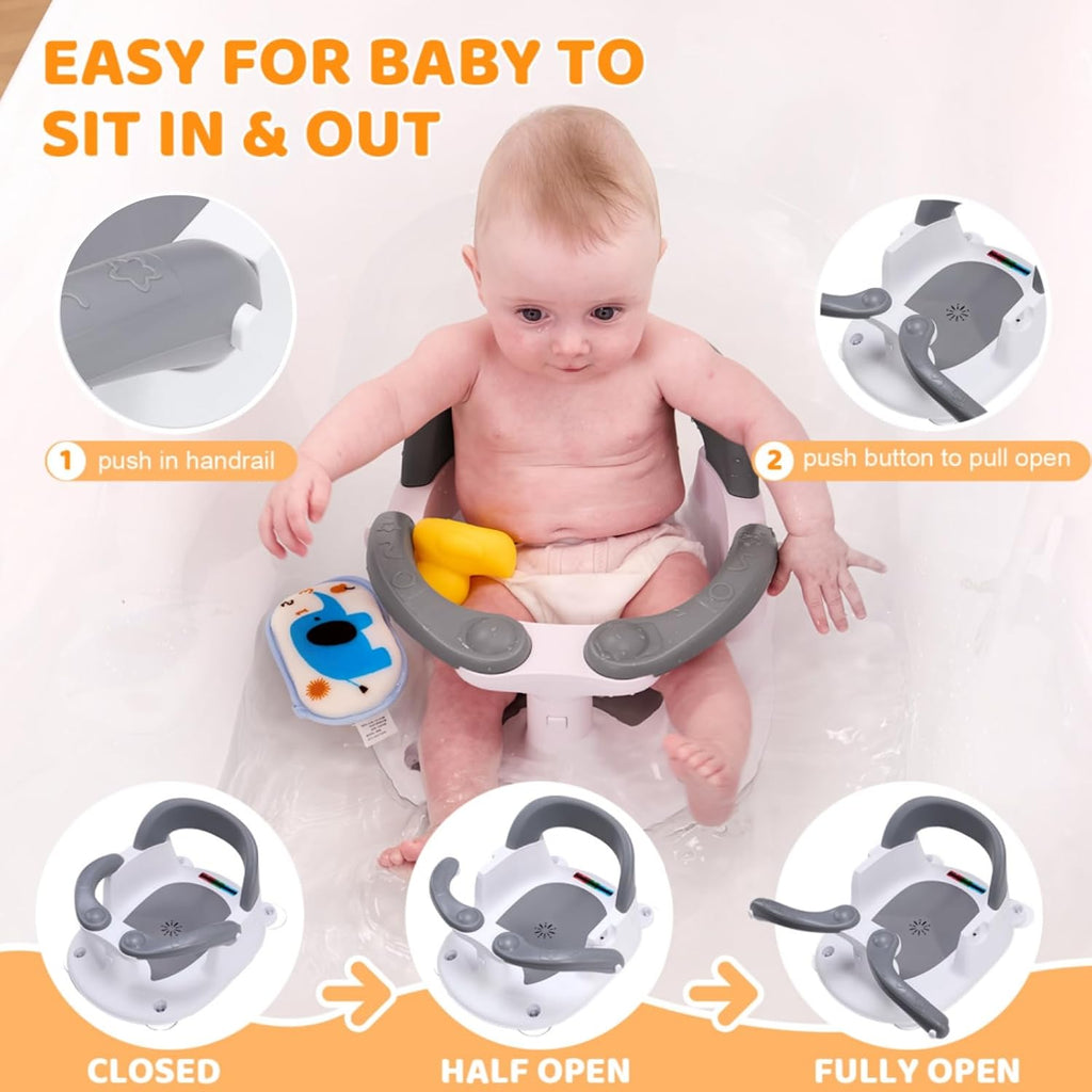 Bath Seat for Babies 6 Months & Up Sitting Up,Infant Bath Seat with Temperature Alert+Open Backrest+on/Off