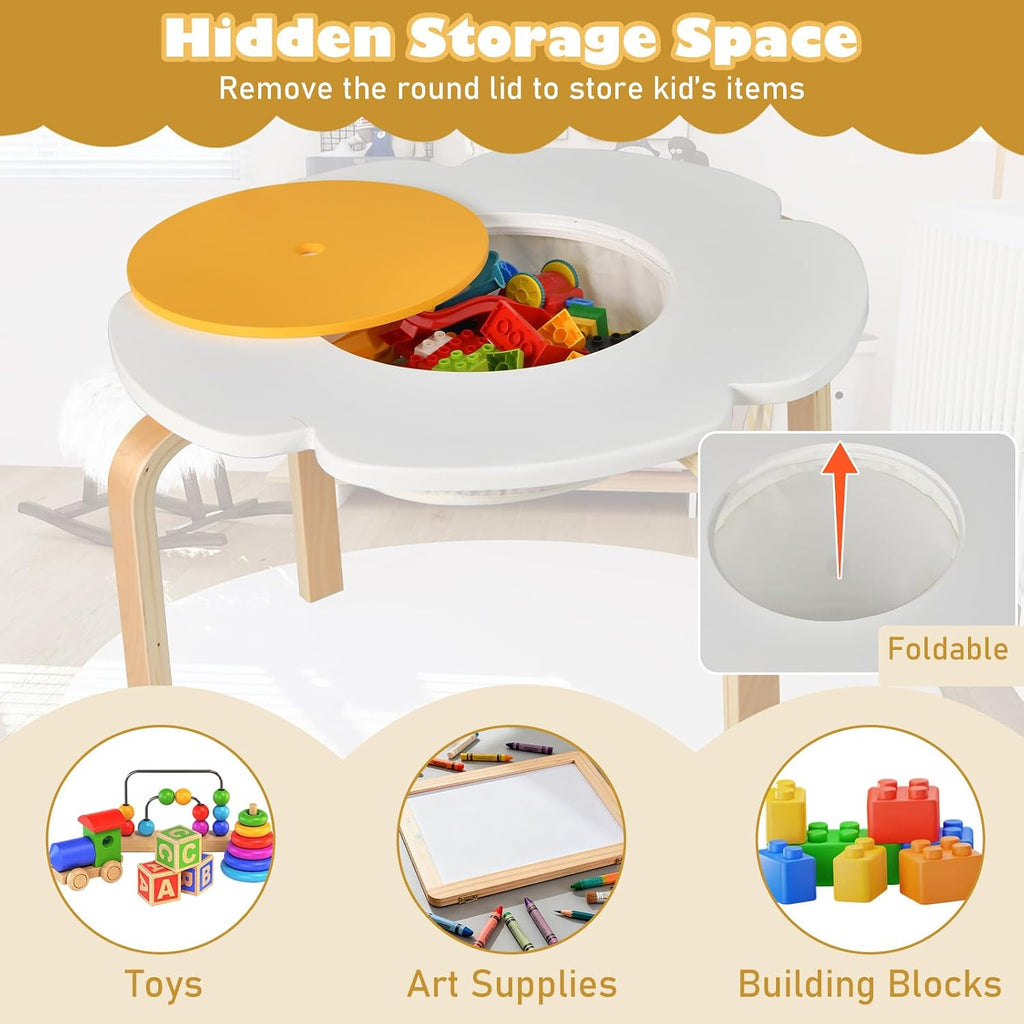 Kids Table and Chair Set, Wooden Toddler Flower-Shaped Table and 4 Chairs w/Storage for Art Craft, Dining, Piece