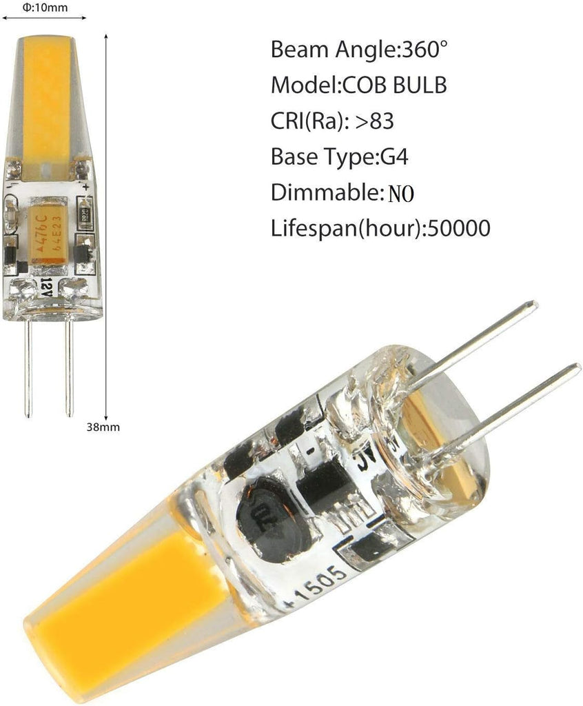 G4 LED Bulb 12V Bi-Pin Base 1.5W LED COB Light Bulbs (10 Pack) 10W Halogen Replacement Warm White 3000K T3 G4 Base No