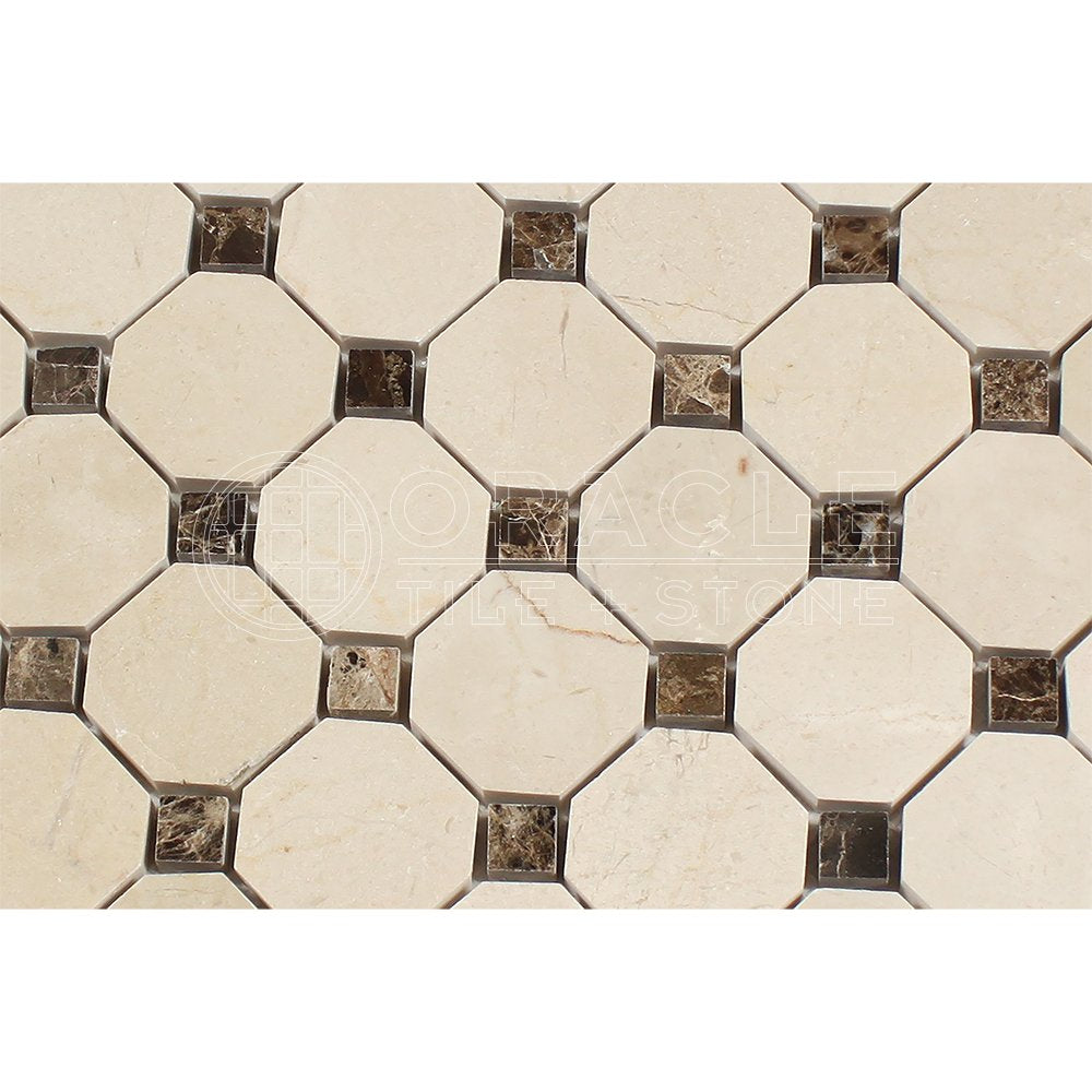 Crema Marfil Spanish Marble Octagon Mosaic Tile with Emperador Dark Dots, Polished