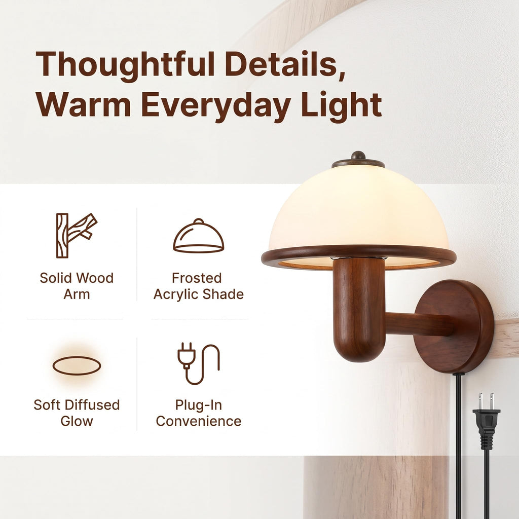 Renter Friendly Plug in Modern Wall Sconce Mid Century with White Milk Shade Rustic Wood Wall Mount Light Hardwired