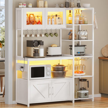 Bakers Rack with Power Outlet and LED Light, 45.3 Inch Farmhouse Coffee Bar Cabinet, Kitchen Microwave Stand with