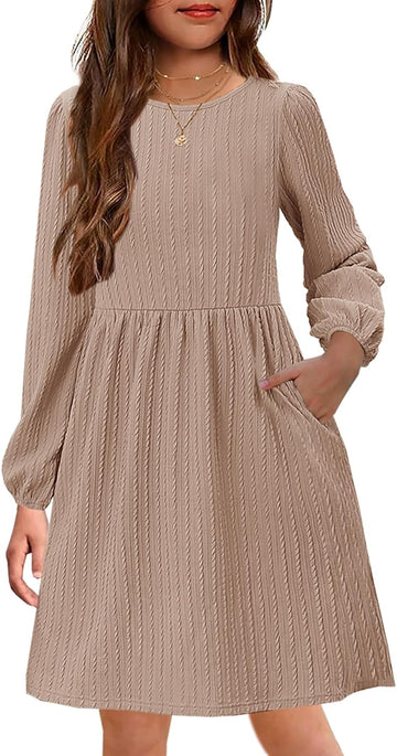 Girls Knit Sweater Dress Lantern Long Sleeve A-Line Dresses