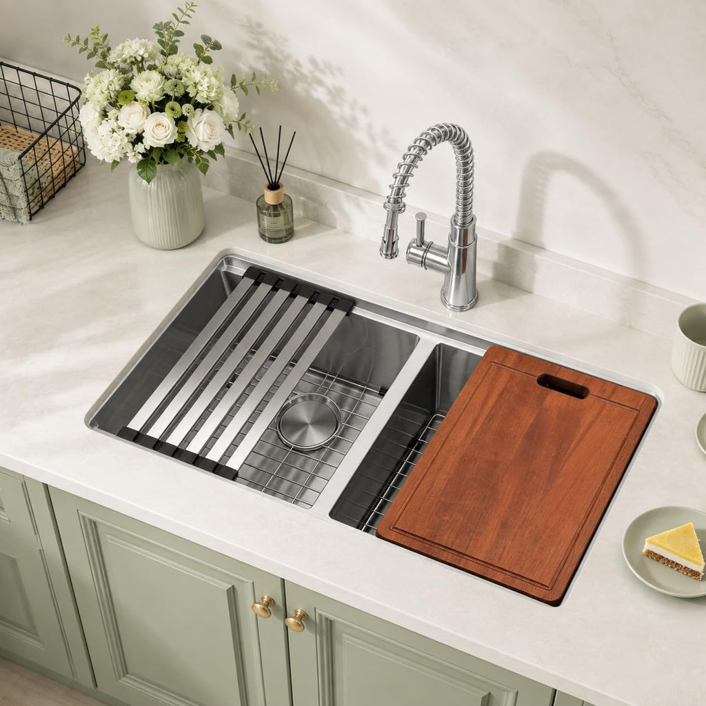 30''x18'' Double Bowl Undermount Kitchen Sink, T304 Stainless Steel 50/50 Workstation Sinks with 10'' Deep Basins &