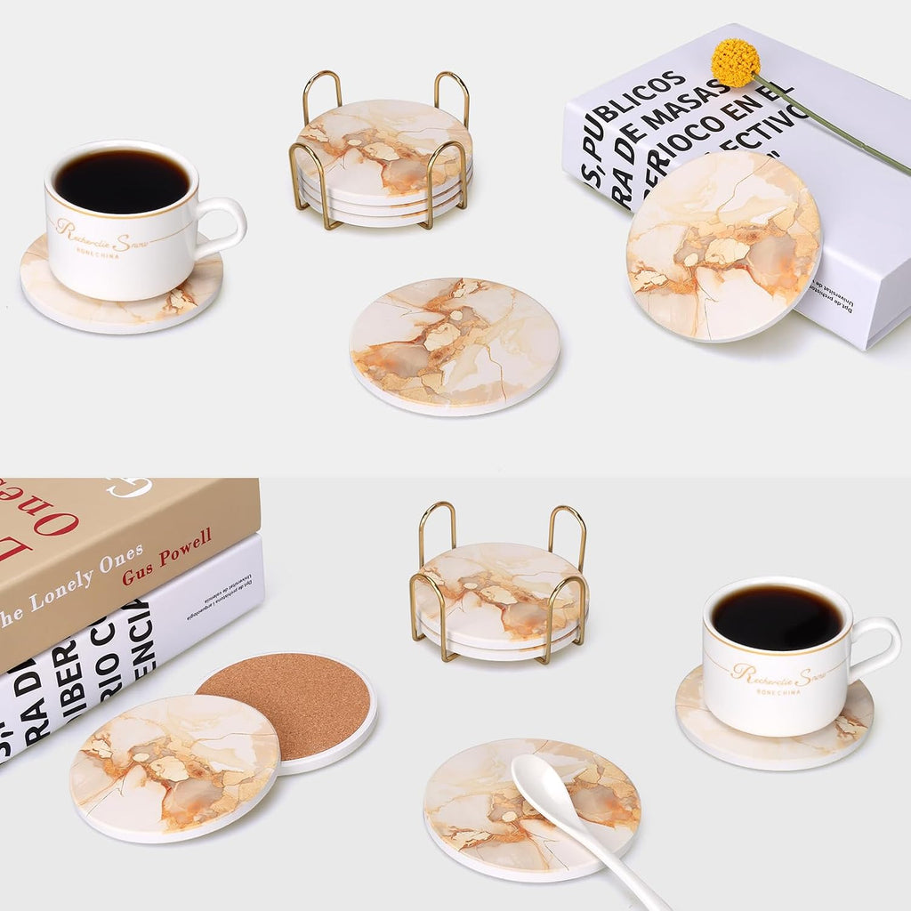 Gold Marble Abstract Ceramic Coasters with Holder for Coffee Table - Set of 6