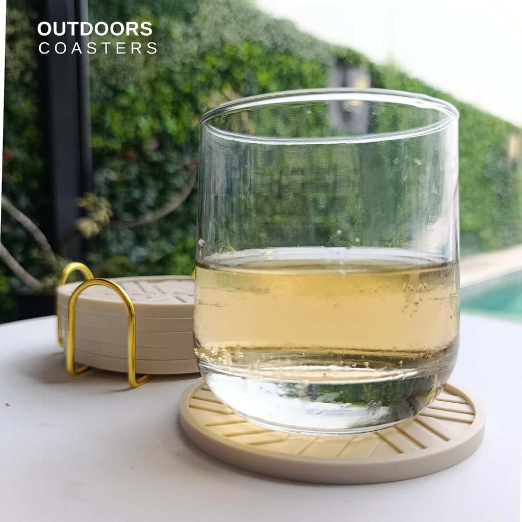 Silicone Coasters - with Gold Holder, smart Modern Grooved Pattern Protecs to Coffee Tables, Beige - Set of 6