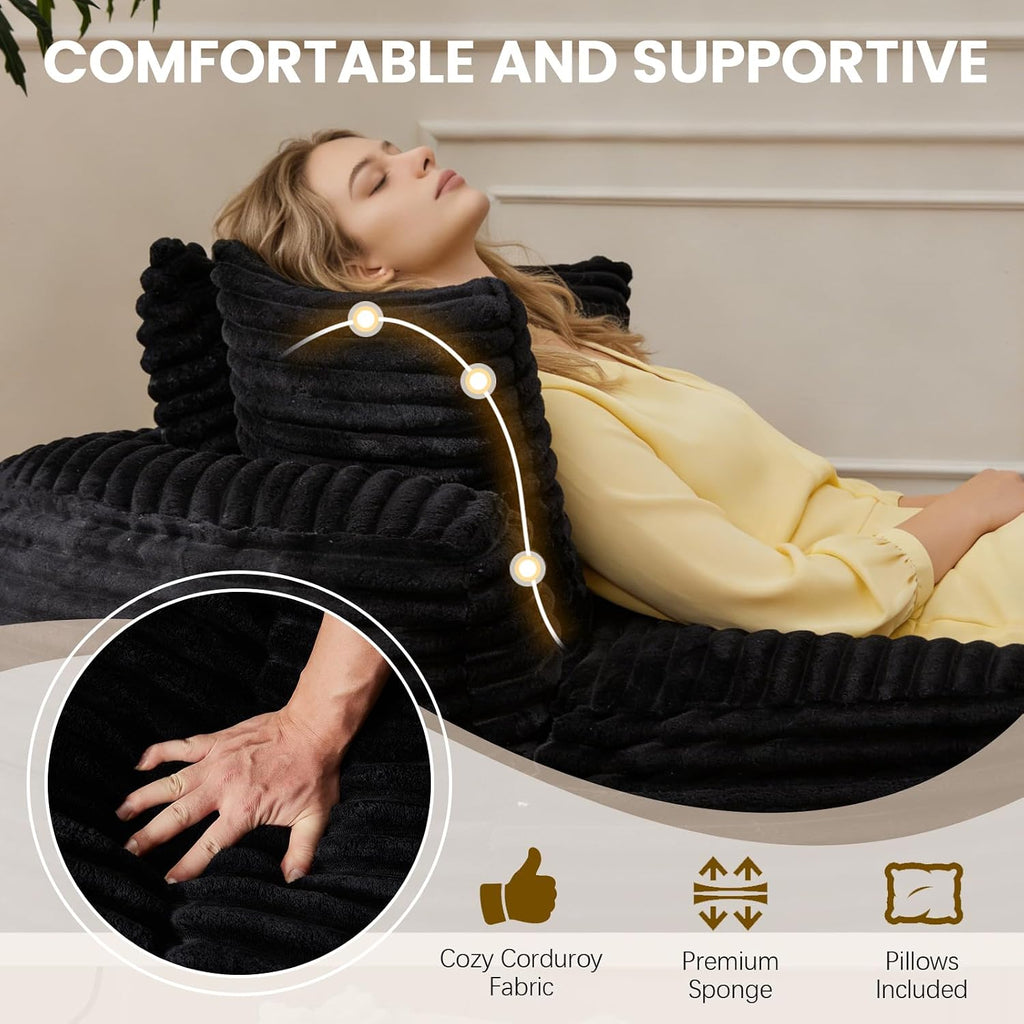 55'' Oversized Round Boneless Chair, Cozy Corduroy Cloud Chair with 3 Pillows, Deep Seat Chaise Lounge Chair Indoor