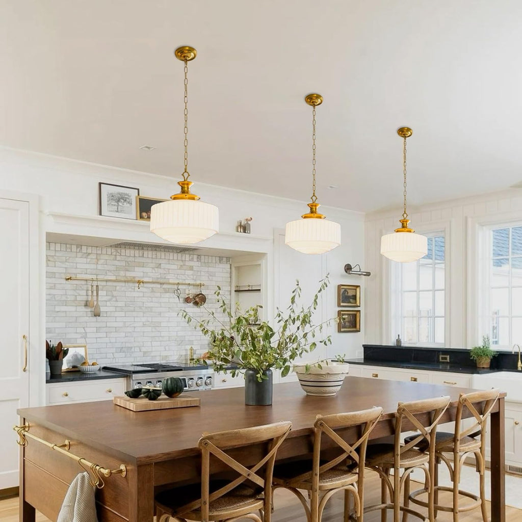 Vintage Brass Milk Glass Pendant Light Fixture, 13.8" White Pleated Glass Chandelier, Antique Pendant Lights, for