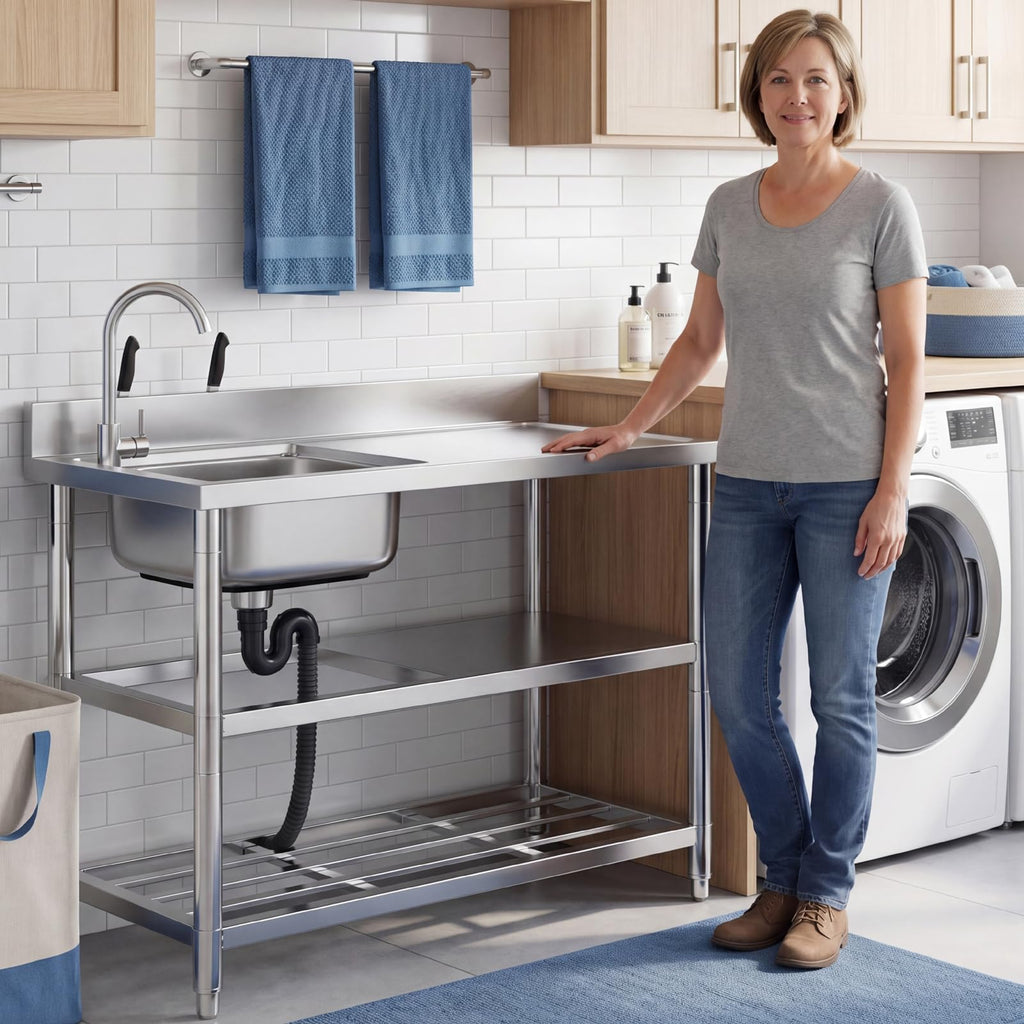 Free Standing Stainless-Steel Single Bowl Commercial Kitchen Sink w/Faucet