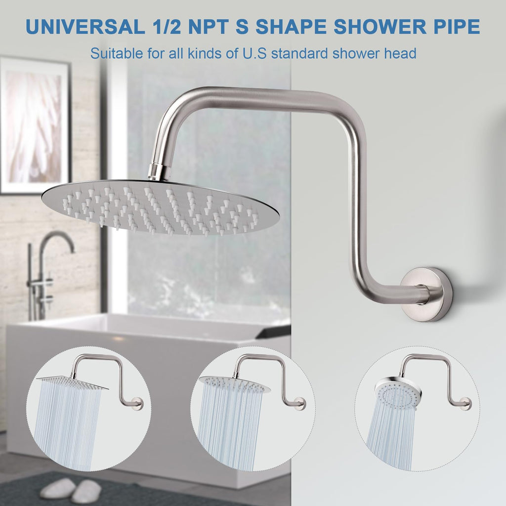 S Shaped Shower Arm, High Rise Shower Head Extension Pipe Standard 1/2" Connection with Flange, Awesome Shower