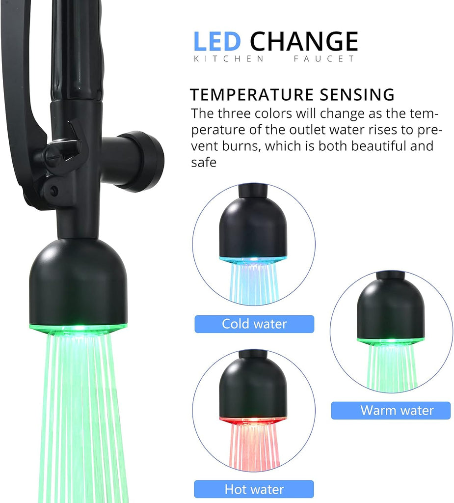 LED Commercial Kitchen Faucets with Pull Down Sprayer Matte Black | Single Handle Faucet Sink, Kitchen Faucet with