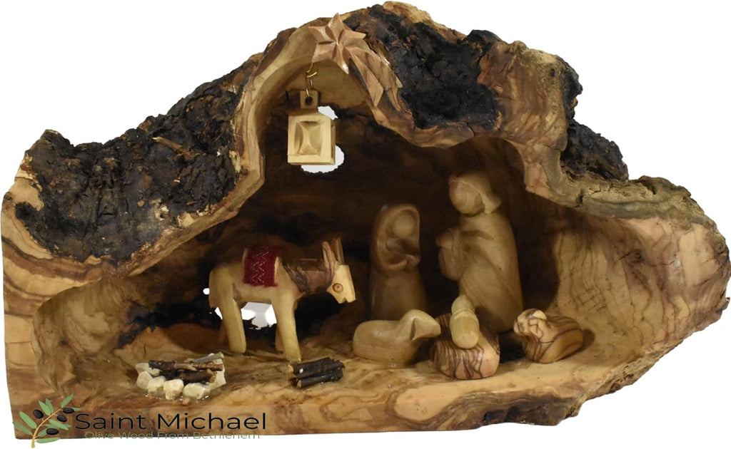 Nativity Scene in Manger Carved Inside of a Solid Piece of Olive Wood Branch - Christmas Tree Nativity Décor - Made