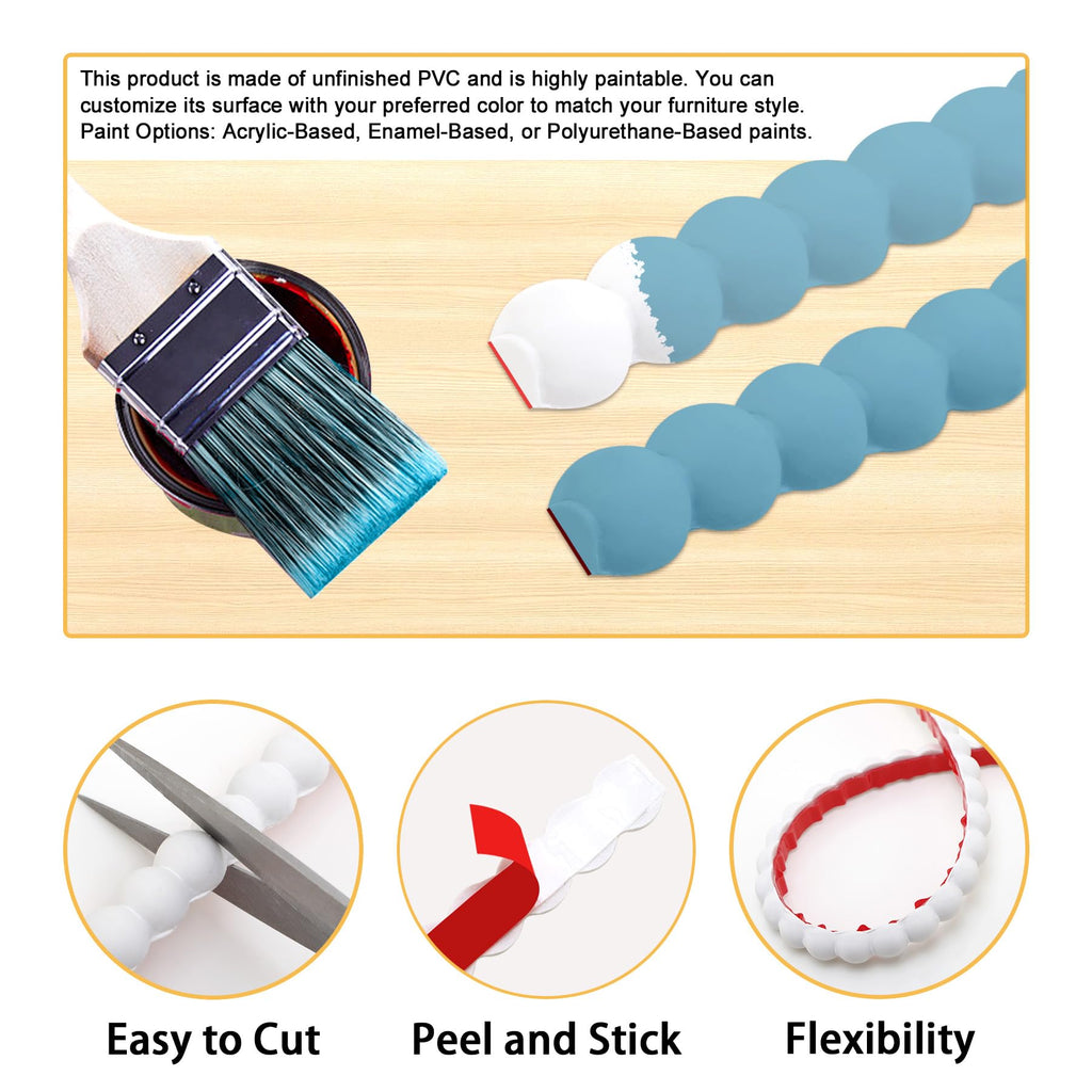 196.8" x 0.39" Peel and Stick White Beaded Molding, Unfinished & Paintable, Flexible DIY Decorative Trim for Mirror