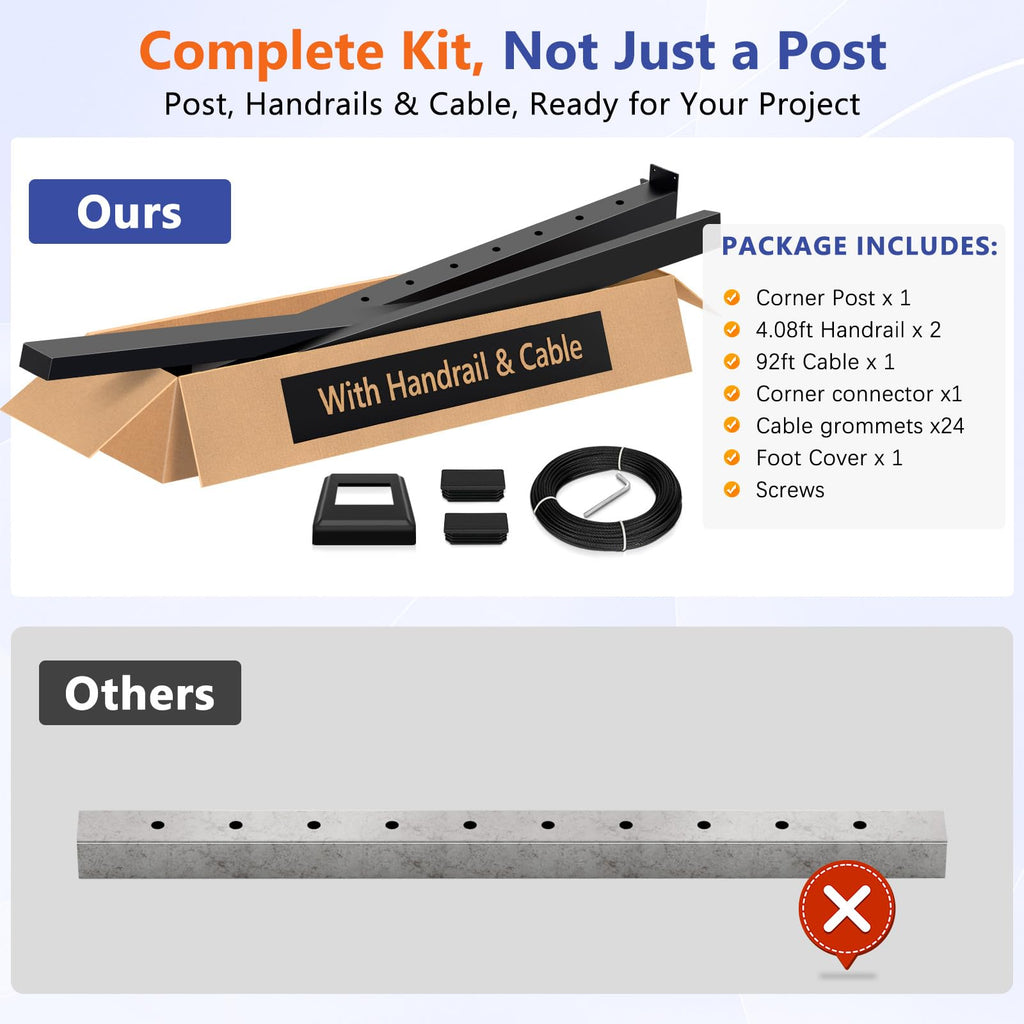 4-8ft Modular 42in Cable Railing Corner Post Kit with Handrail