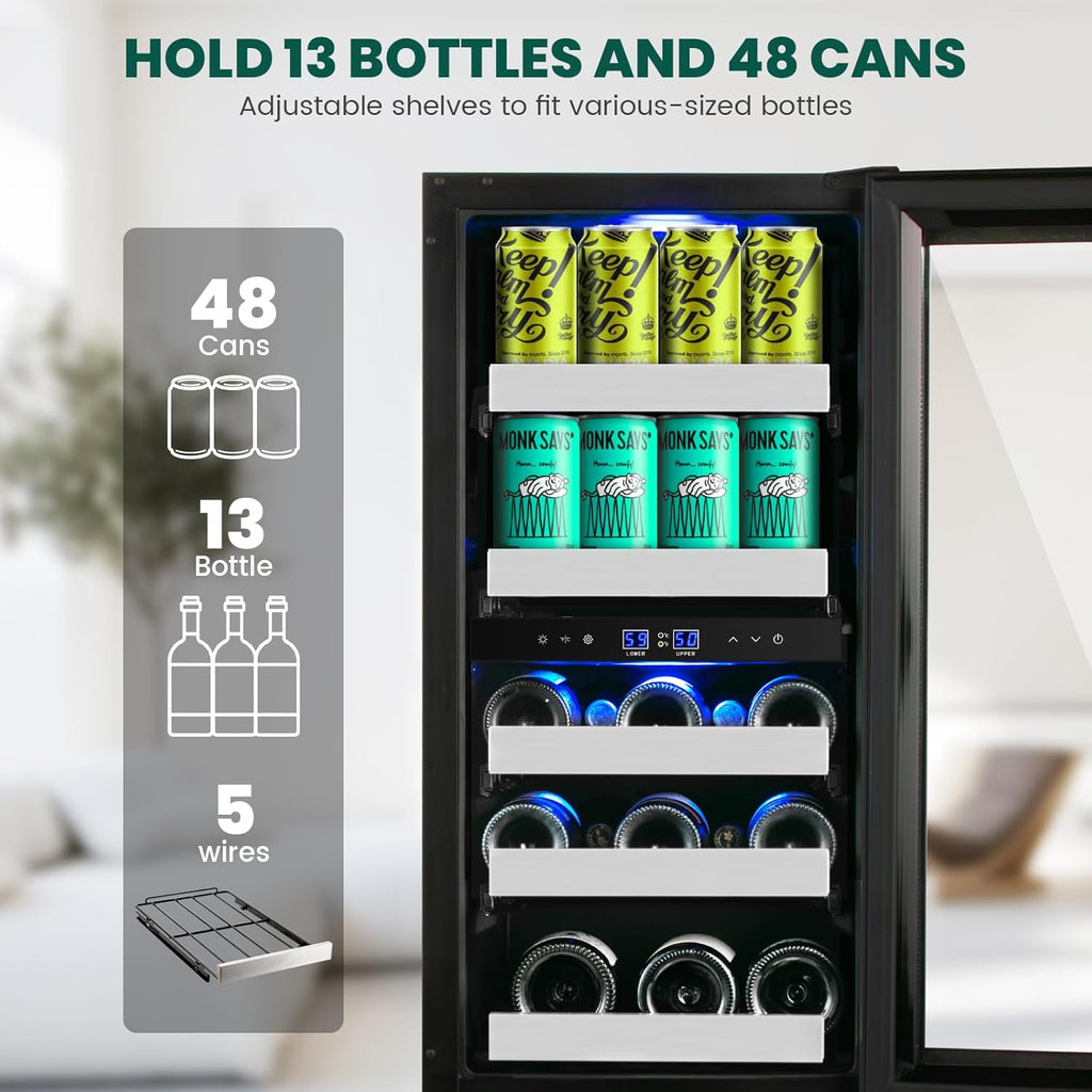 15 Inch Wine and Beverage Refrigerator,13 Bottle & 48 Cans Black Dual Zone Bever