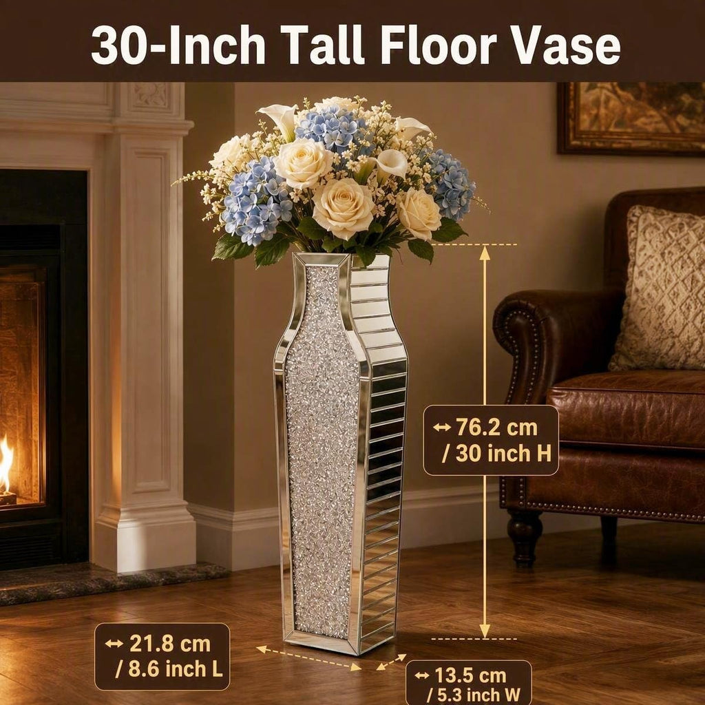 30" Large Double Sided Crushed Diamond Vases,Tall Silver Mirrored Vase for Floor,Big Crystal MirrorDecorative Vase