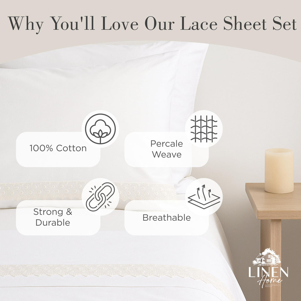 Home 100% Cotton Percale Floral Scallop Lace Sheets, Queen Size, White, Deep Pocket, 4 Pieces Set - 1 Flat, 1 Deep