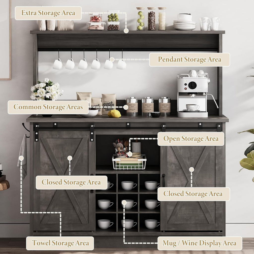 47" Farmhouse Coffee Bar Cabinet with Storage Hutch, Grey | Coffee Bar Station with Sliding Barn Door, 6 Hooks and