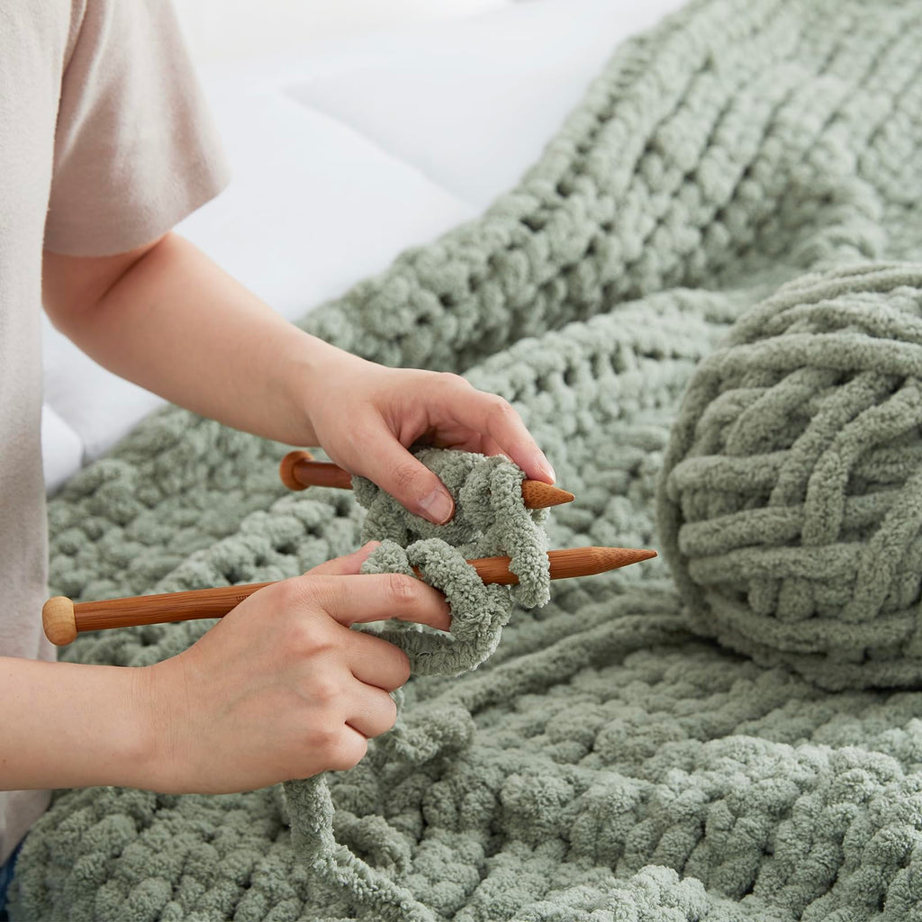 Chenille Chunky Knit Throw Blanket 50"x60", Sage Green
