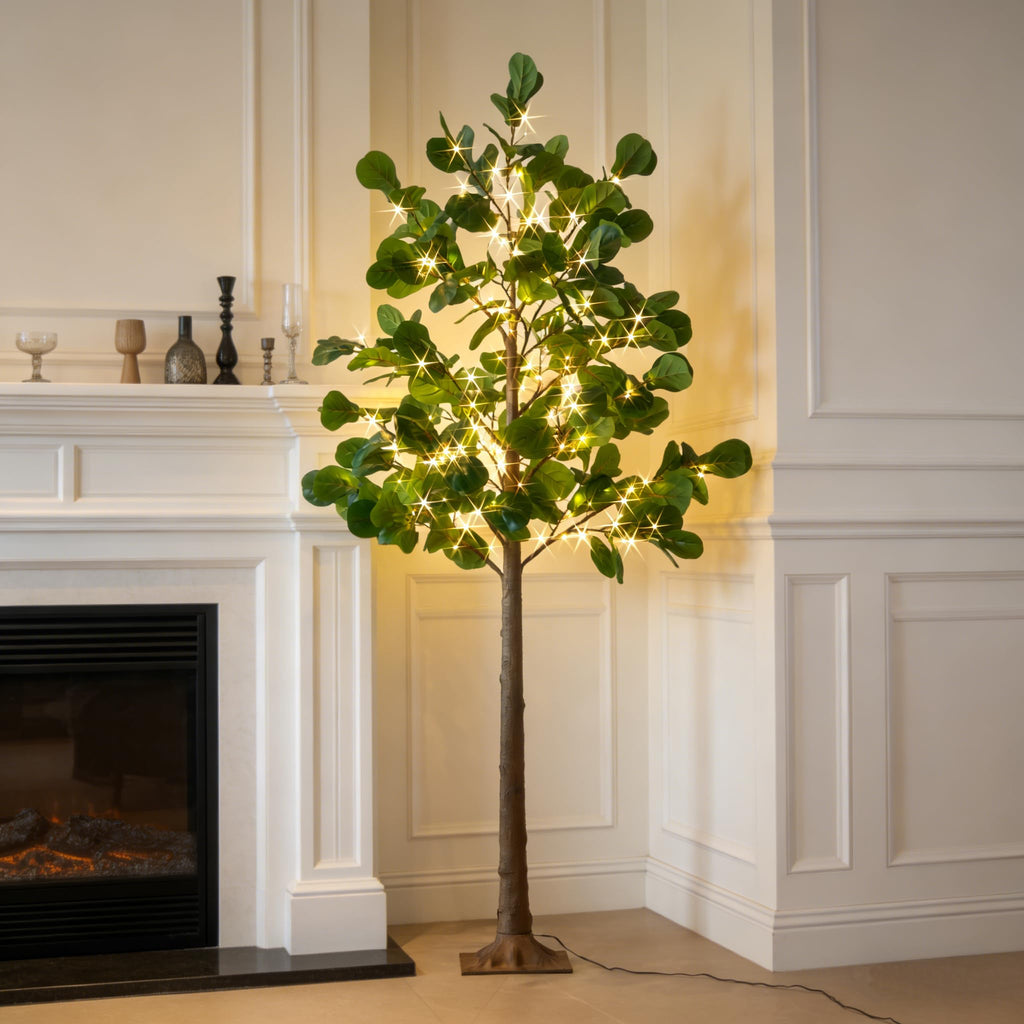 Lighted Artificial Fiddle Leaf Tree 6FT 222 LED Fairy Lights, Artificial Greenery Tree with Lights Fireplace Living